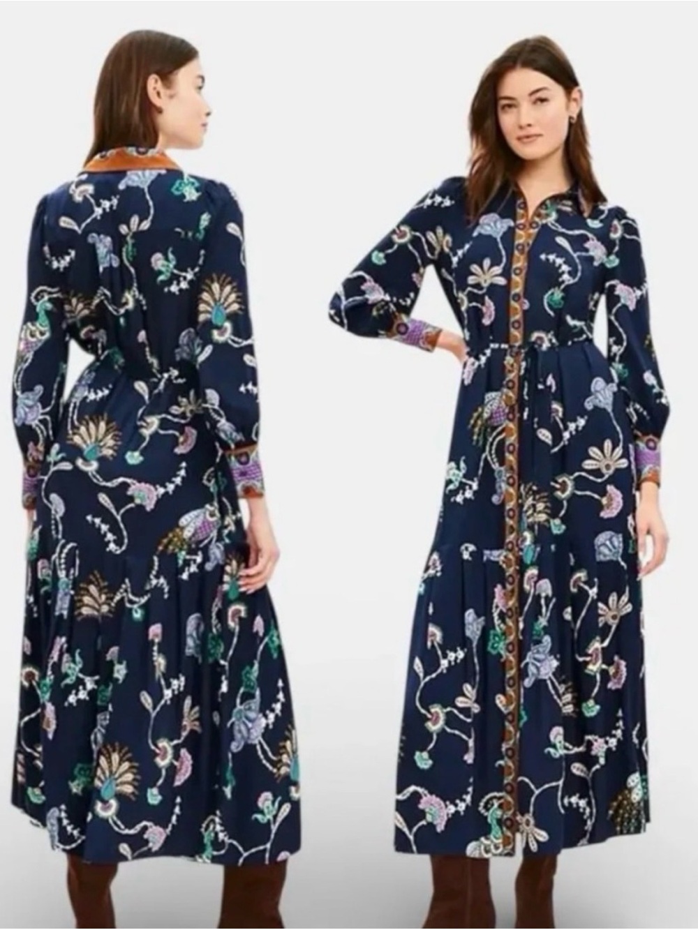 LOFT Navy Floral Button-Front Peasant Print Maxi Dress